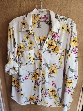 Express Women's White Floral Button-Up Shirt with Yellow Flowers